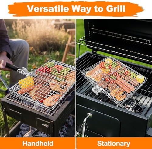 Fish Grill Basket for Outdoor Grill, Grilling Basket With Removable Handle, Portable BBQ Set Barbecue Rack for Shrimp Pork Veggies, Camping Grilling Accessories With Brush, Metal Skewers and Carry Bag - Image 3
