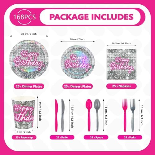 168 Pcs Hot Pink Disco Theme Party Decorations Serves 24 - Image 2