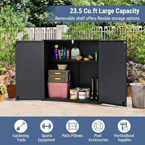 Tangkula 23.5 Cu.ft Outdoor Storage Shed, All-Weather Resin Patio Storage Box with Floor, Lockable Door & Removable Shelf, Waterproof Deck Box for Garden Tools - Image 3