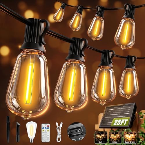 Solar String Lights Outdoor Waterproof with Remote & Timer, LED Shatterproof ST38 Bulbs, USB & Solar Powered Patio Lights for Backyard, Porch, Garden, Wedding, Christmas Decor (25FT) by SkoiucLights