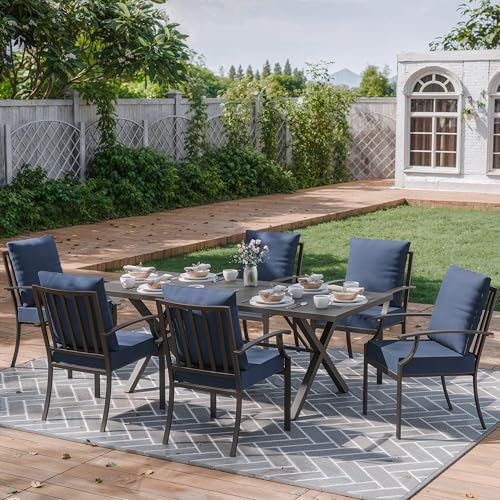 ALAULM 7-Piece Patio Dining Table and Chairs Outdoor Dining Set for 6 Patio Dining Sets with Rectangular Metal Table with Umbrella Hole for Patio, Backyard, Garden-DarkBlue - Image 2