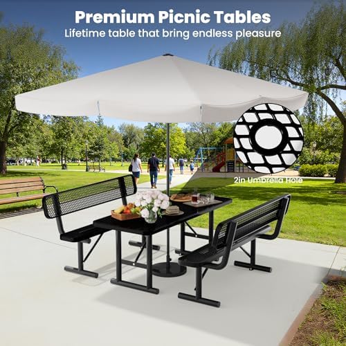 6FT Metal Picnic Tables for Outdoors, Commercial Rectangular Picnic Table for Outside, Park, Campfield, Patio, Garden, Yard, Thermoplastic Coating, Surface Mounted, Black - Image 4