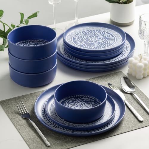 MissYip Melamine Dinnerware Set, 12 Piece for 4, Thicker Sturdy Indoor and Outdoor Use Tableware, Durable Plastic Plates and Bowls set, BPA Free, Dishwasher Top Safe, Not Microwave, Not Oven(Blue) - Image 3
