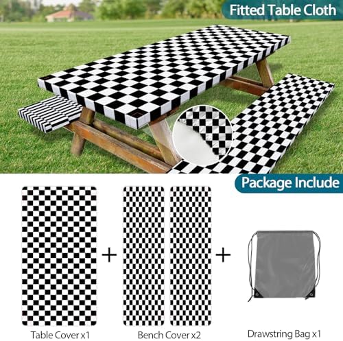 Picnic Table Cover with Bench Covers and Bag, Black and White Checkered Buffalo Plaid Camping Tablecloth Waterproof Windproof Elastic Edges Fitted Gingham Tablecloth for Outdoor Garden 3PCS 30x96 Inch - Image 7