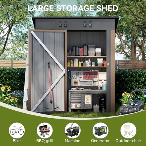 COMHOMA Shed Outdoor Storage Shed Metal,Lockable Doors Tool Sheds with Sloping Roof,Steel Garden Shed with Air Vent for Backyard,Patio,Lawn,Poolside(Brown,5'*3') - Image 4