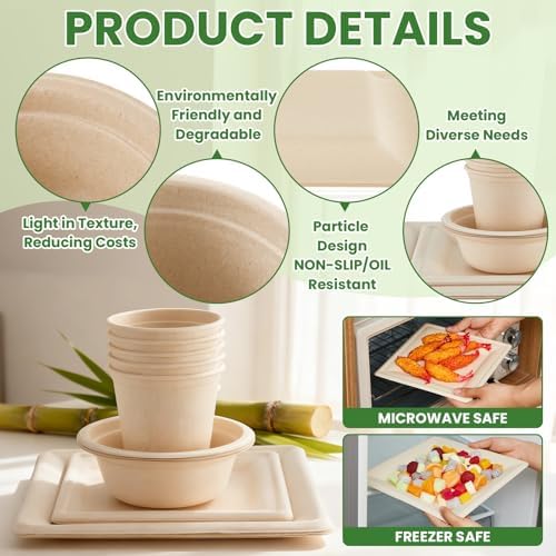 Havawish 100 Pcs Compostable Paper Plates and Bowls Set for 25 Guests, 10in & 8in Heavy Duty Sugarcane Disposable Plates 16 oz Biodegradable Cups and Paper Bowls, Party Camping Picnic(Beige) - Image 4