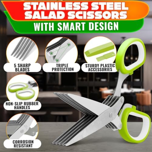 Herb Scissors with 5 Blades and Cover, Cleaning Brush, Even Cuts - Image 3