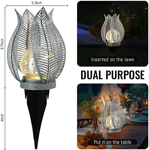 Solar Lights Outdoor Waterproof Garden Decor Crackle Glass Globe,Metal Yard Art Solar Outdoor Lights for Table Decor Porch,Patio Decorations.Gardening Gifts for Women/Mom - Image 3