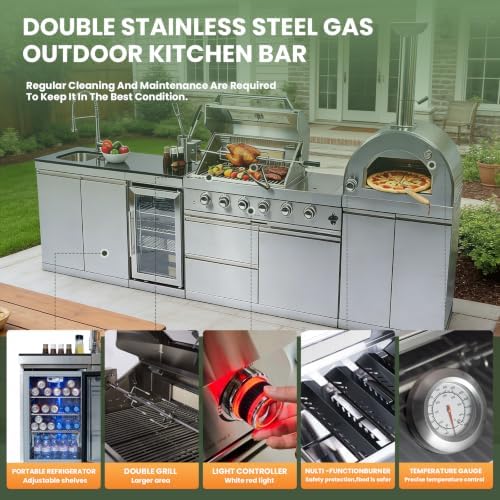 125" Outdoor Kitchen Island,Stainless Steel Propane BBQ Grill with with Standalone Side Burner Pizza Oven, Rotisserie, Refrigerator, Granite Countertop, Storage Cabinets Drawers 108000 BTU. - Image 5