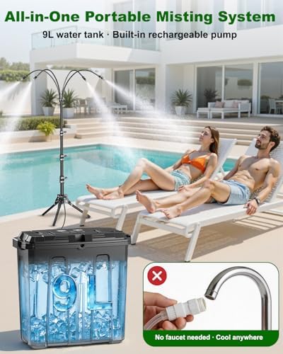 Ausic Portable Misting System with Stand, Water Cooling Misters Set for Outside Patio - 9L Bucket Built-in 10000mAh Battery & PCS Pump & Timer for Outdoor, Canopy, Sport, Golf, Beach, Greenhouse, Camp - Image 2