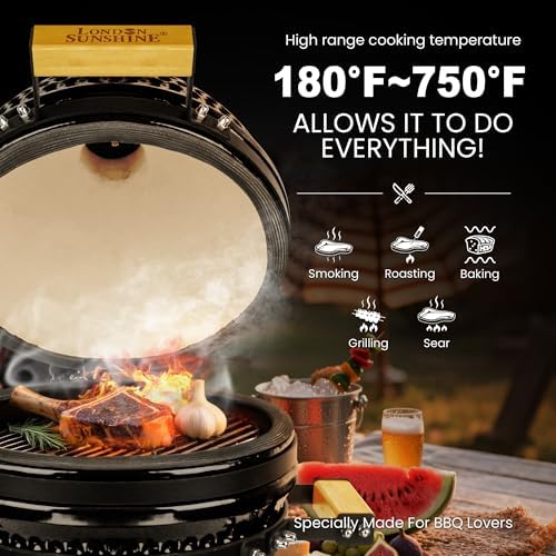 London Sunshine 13-Inch Ceramic Kamado Grill, Waterproof Vent Cap, Black - Image 2