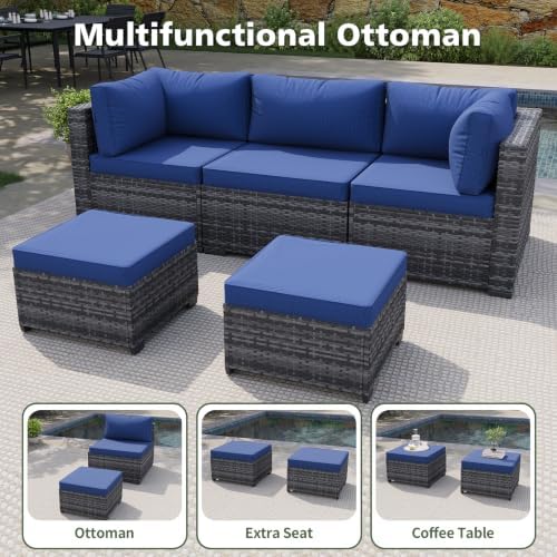 Aoxun 13 Piece Outdoor Patio Furniture Set with 44'' Fire Pit Table, Wicker Rattan Outdoor Furniture with High Back Swivel Rocker Chairs, Outdoor Sofa Set with Thick Cushion & Ottoman, Navy Blue - Image 4