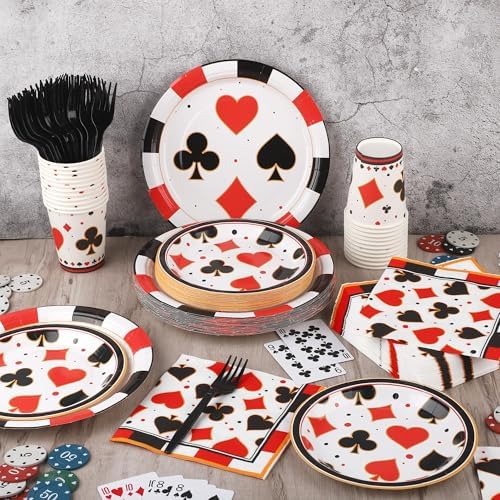 Kochorie 144 Pieces Casino Party Supplies Set, Las Vegas Tableware Sets Including Disposable Plates Napkins Cups Forks Serves 24 for Birthday Poker Events Casino Theme Party Decorations - Image 4