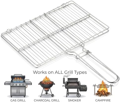 Stainless Steel Fish Grill Basket for Outdoor BBQ, Heavy Duty Lockable Grilling Rack for Fish Vegetables Steak Veggies Shrimp Meat, Portable Campfire Cooking Mesh Grate Tool, 12 x 8 Inch - Image 4