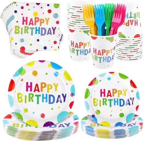 Kochorie 144 Pieces Happy Birthday Print Party Decorations Including Disposable Plates Napkins Cups Forks Tableware Sets Serves 24 for Birthday Party Supplies by Kochorie
