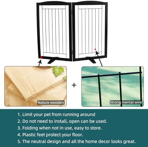 ZJSF Freestanding Dog Fence Indoor, Foldable Dog Gate for Doorways, Stairs or Hallways, Sturdy Wood Extra Wide Pet Gate with Support Feet for The House, Black, 32 "Height-2 Panels - Image 6