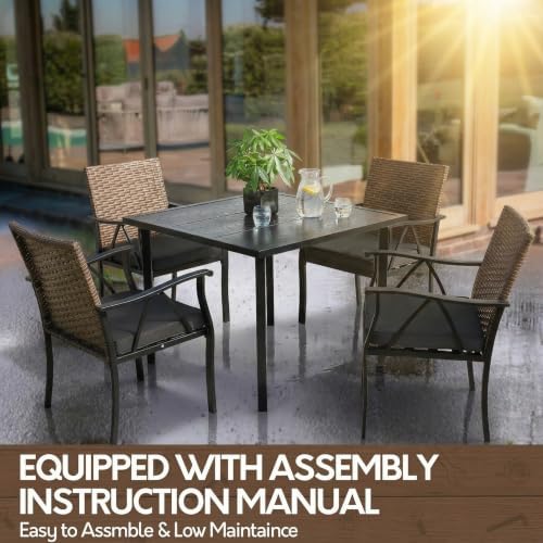 5-Piece Patio Dining Set for 4, Outdoor Dining Set with 4 Wicker Patio Dining Chairs with Cushions & 1 Black Square Woodgrain Dining Table with 1.75" Market Umbrella Hole, Black & Brown - Image 6