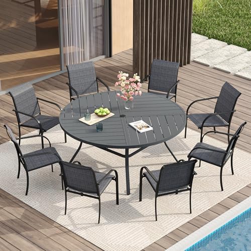 VICLLAX Patio Table and Chair Set of 8, All Weather Metal Round Outdoor Dining Furniture Set-53 Round Outdoor Table and Chairs, Grey Tabletop by HOME