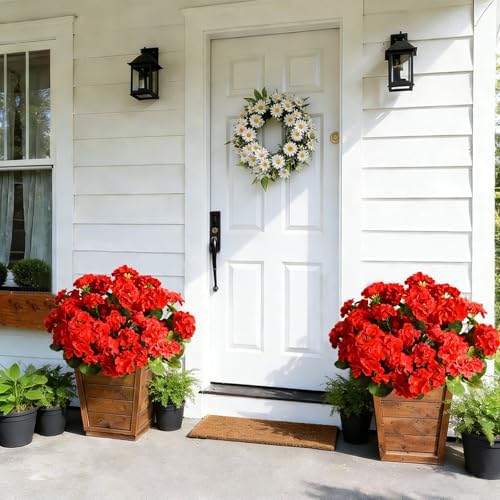 Fake Outdoor Flowers, Artificial Flowers For Outdoors, Red Artificial Geraniums Plastic Flowers, Fake Plant For Outside, Silk Faux Flowers For Outdoor Planters UV Resistant For Front Porch（4 Pcs) - Image 4