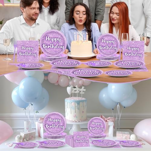 96PCS Purple Glitter Birthday Party Plates and Napkins Purple K-pop Tableware Party Paper Plates Glitter Disposable Dinnerware Parties Set for Girls Women Birthday Sprinkle Anniversary Decorations - Image 6