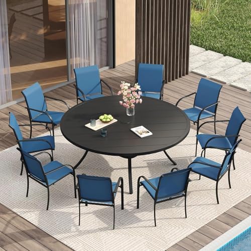 VICLLAX Large Patio Dining Furniture Set, Outdoor Dining Set for 10-60" Round Outdoor Table and Patio Stackable Chairs, Black Tabletop and Blue Fabric by HOME