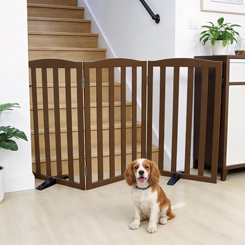 Freestanding Dog Gate Indoor,Doggie Gate Foldable Pet Gates for Doorways,Stairs or Hallways, Wooden Brown Pet Gate for the House, Pet Fence with Support Feet Included,32 "Height-3 Panels - Image 2