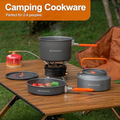 Odoland Camping Cookware Mess Kit, Camping Cooking Pot Fry Pan and 1.1L Kettle Set, Portable Camping Cookware Set with Mesh Bag for Camping, Backpacking, Outdoor Cooking and Picnic - Image 6