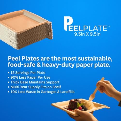 Peel Plate [15-Pack] 225 Servings Total - Large 9.5in X 9.5in Multi-Use Reusable Paper Plates 90% Less Waste For Home or On-The-Go Mealtime & Snacktime, 15 Count - Image 4
