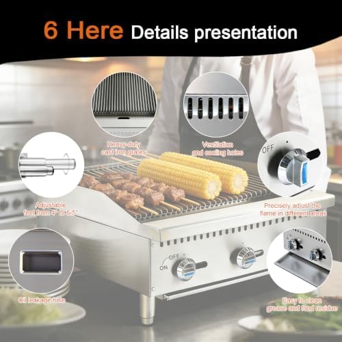 36" Commercial Natural Gas Charbroiler Grill, 3 Burner Countertop Gas Grill, 105,000 Total BTU (3x35,000 BTU), Durable Cast Iron Grates - Image 3