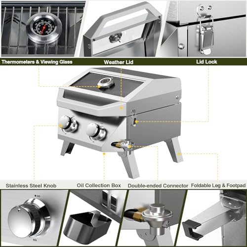 BESTFIRE 2-in-1 Portable Propane Grill, 20,000 BTU 2-Burner Tabletop Gas Grill for Camping & RV, Stainless Steel BBQ with Viewing Glass Lid, Thermometer & Dual-Gas Connection - Image 2