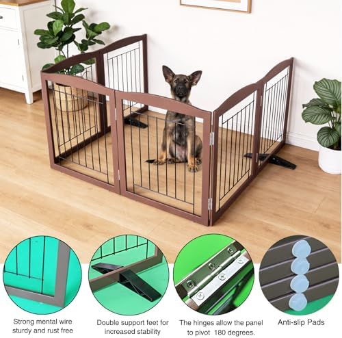 ZJSF Freestanding Dog Fence Indoor, Foldable Dog Gate for Doorways, Stairs or Hallways, Sturdy Wood Extra Wide Pet Gate with Support Feet for The House, Brown, 24 "Height-6 Panels - Image 5