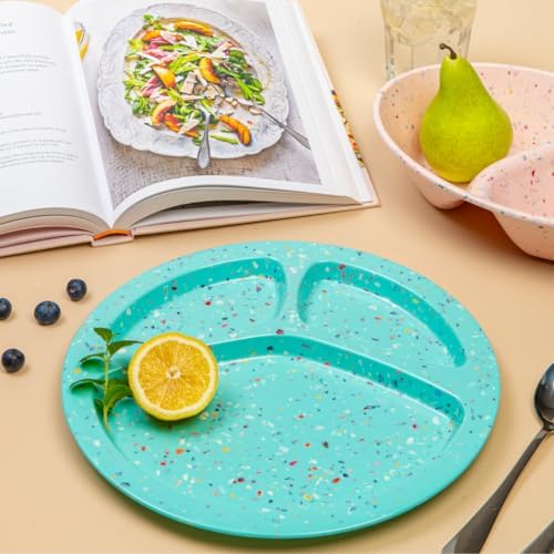 bzyoo 11-Inch Divided Plates Set of 2, 100% Melamine Portion Control Plates for Adults & Kids, Modern Confetti Pattern, BPA-Free & Dishwasher Safe, Ideal for Camping, RV, and Daily Use (Green) - Image 4