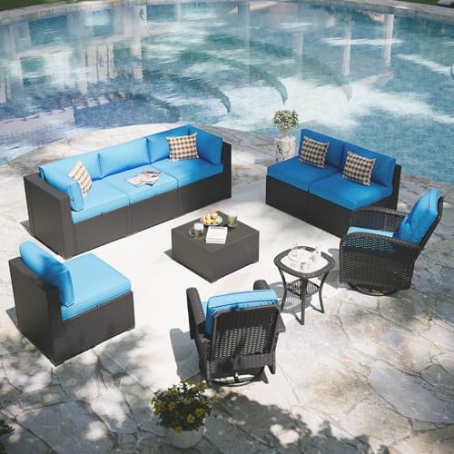 Aoxun Patio Furniture Set with Swivel Rocker Chairs, 10 Piece Outdoor Sectional Sofas, Wicker Rattan Outdoor Furniture with Thickened Cushion for Backyard, Garden Peacock Blue by Aoxun