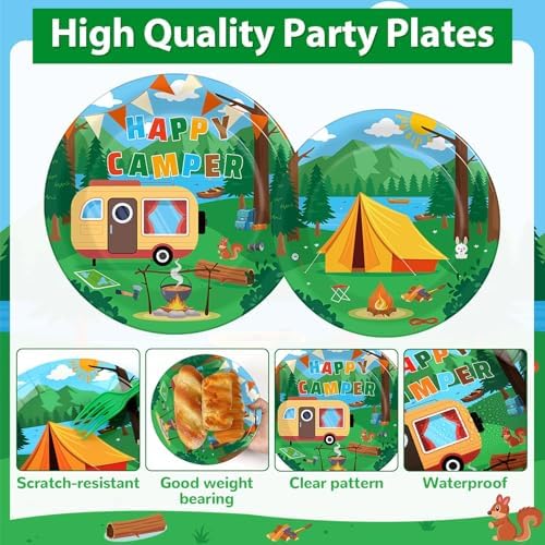 OBUSATT Camping Party Decoration Happy Camper Party Plates Napkins Tablecloth Camping Adventure Party Supplies Camping Birthday Disposable Tableware Set for Camping Themed Events Supplies Serve 25 - Image 3