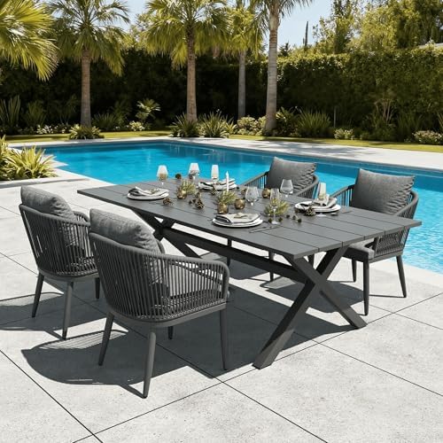 LayinSun 5 Pieces Outdoor Patio Dining Set, Aluminium Rectangular Dining Table and Wicker Rattan Chairs Set for Outside Backyard, Poolside by LayinSun