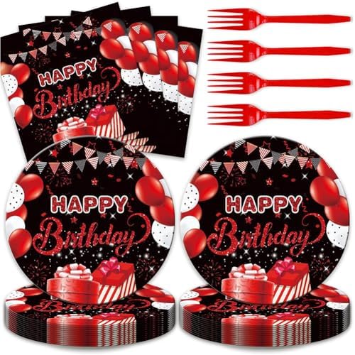 48pcs Red Black Party Decoration Set,16 Dessert plate,16 Napkin And 16 Fork,Disposable tableware for 16 persons,Used for Red and Black Party Supplies by Unknown