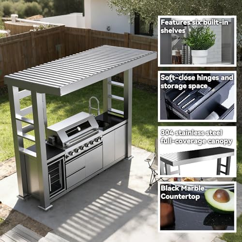 108-Inch 6-Burner 85000 BTU Propane Gas Grill Island with Shed, 304 Stainless Steel, 684 Sq.In Cooking Area, Wine Cooler, Rotisserie & Granite Countertops for Backyard BBQ, Sliver - Image 3