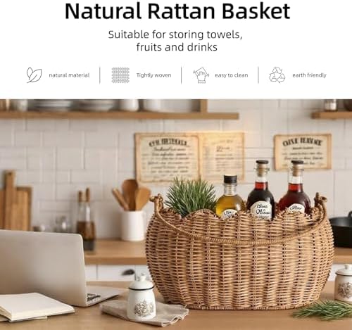 Scalloped Round Basket with Handle, Large Wicker Picnic Basket,Super Garden Harvest Basket for Gathering Vegetables Flowers Fruits, Hand Woven Basket for Shelves(Rattan(12.6 * 9 * 6.1)) - Image 2