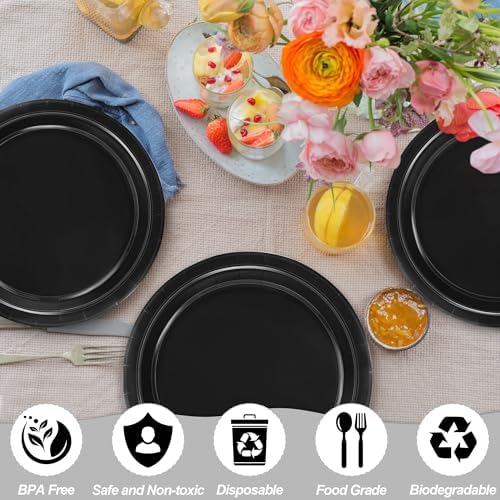 50 Pcs Paper Plates 9 Inches Black Plates, Disposable Party Tableware Set - Image 3