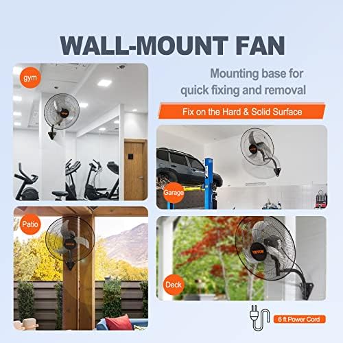 VEVOR Wall Mount Fan, 18 inch, 3-Speed, 4000 CFM Oscillating Fan, Black - Image 6