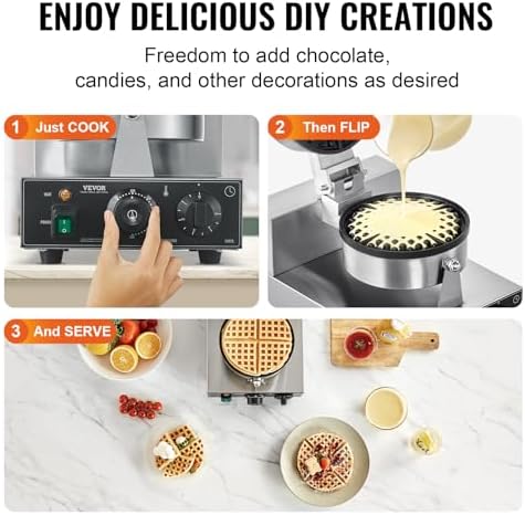 VEVOR Commercial Waffle Maker, 1230W Round Waffle Baker Machine, Non-Stick Stainless Steel Belgian Waffle Iron with Temperature and Time Control, Handle, for Restaurant Bakery Snack Bar Family - Image 6