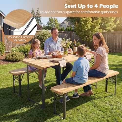 Tangkula 3 Piece Folding Picnic Table with 2 Benches, Foldable Wood Picnic Table Bench Set with Heavy-Duty Metal Frame for 4, Space-Saving Outside Table and Bench Set for Backyard, Patio, Garden - Image 5