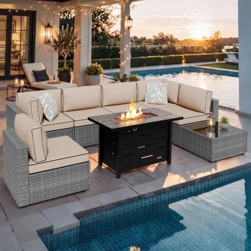 Shintenchi 8 Piece Outdoor Patio Furniture Set with 43 Inch Propane Fire Pit, Washable Cushions, Glass Coffee Table, Waterproof Cover & CSA Certified for Backyard Poolside, Silver PE Rattan/Khaki by Shintenchi%7CFurnitureMadeforRealLife