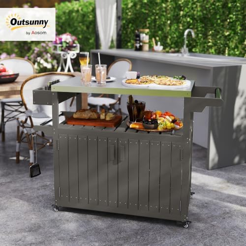 Outsunny Outdoor Bar Cart with Storage Cabinet Kitchen Island Dark Gray - Image 2