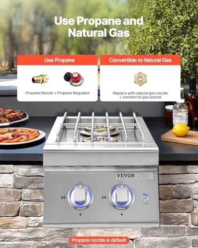 VEVOR Double Grilling Side Burners, 2 x 17,000BTU Liquid Propane Side Burner for Outdoor Kitchen, Convertible to Natural Gas, 304 Stainless Steel Built-in Double Burners with LED for BBQ Grill Island - Image 4