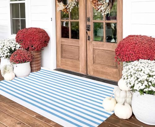 BUAGETUP Outdoor Rug 3'x 5',Light Blue Striped Area Rug Hand-Woven Cotton Washable Rug Indoor/Outdoor Area Rug Floor Mat for Farmhouse Living Room Bedroom - Image 5