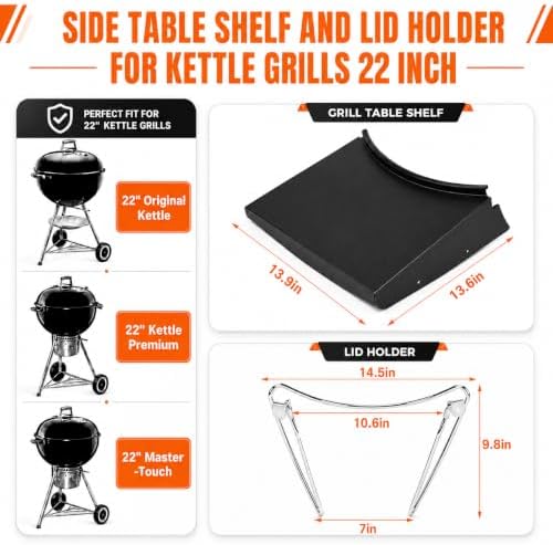 QuliMetal Grill Table Shelf & Lid Holder for Weber Kettle 22 Charcoal - Image 2