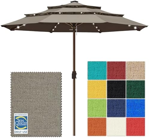 EliteShade USA 10-Year-Non-Fading 10ft 3-Tier Market Patio Umbrella, Commercial Table Umbrella with 80 Solar LED Lights, Crank Open, Windproof & UPF 50+ UV Protection for Garden, Deck, Pool, Backyard, No Tilt, Taupe by EliteShade
