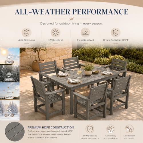 7-Piece Two-Tone Gray Patio Dining Table Sets, All-Weather HDPE Outdoor Furniture Set with Umbrella Hole, Light Gray Rectangular Table and 6 Dark Gray Chairs for Backyard Deck Garden - Image 6