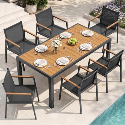 Outdoor Dining Set, 7 Piece Aluminum Patio Table and Chairs Set, All Weather Patio Dining Furniture Set with Umbrella Hole for Backyard, Deck, Poolside (Gray-Teak) by Oasbira